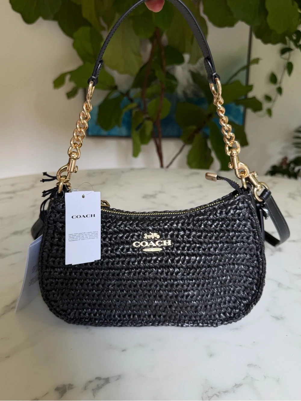 NWT Coach Teri Shoulder Crossbody Bag In Woven Straw & Leather Gold Black CBI17 - Picture 3 of 14
